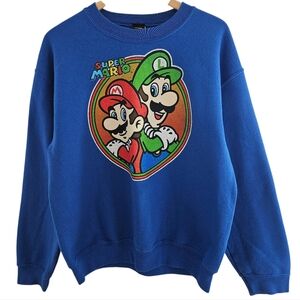 Super Mario Bros Sweatshirt Blue Nintendo Luigi Mario Game Pullover Sweatshirt